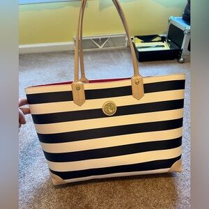 Spartina 449 Leather tote bag, cream and navy stripes with tan handles & corners